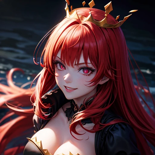 Blood-eyed Princess of Darkness, Redhead, Crown, Wicked Smile, Anime Style, Lens flare, High detail, First Person View, Cinema Lighting, masterpiece, Super detailed, highest quality, 8k, Ultra-high resolution