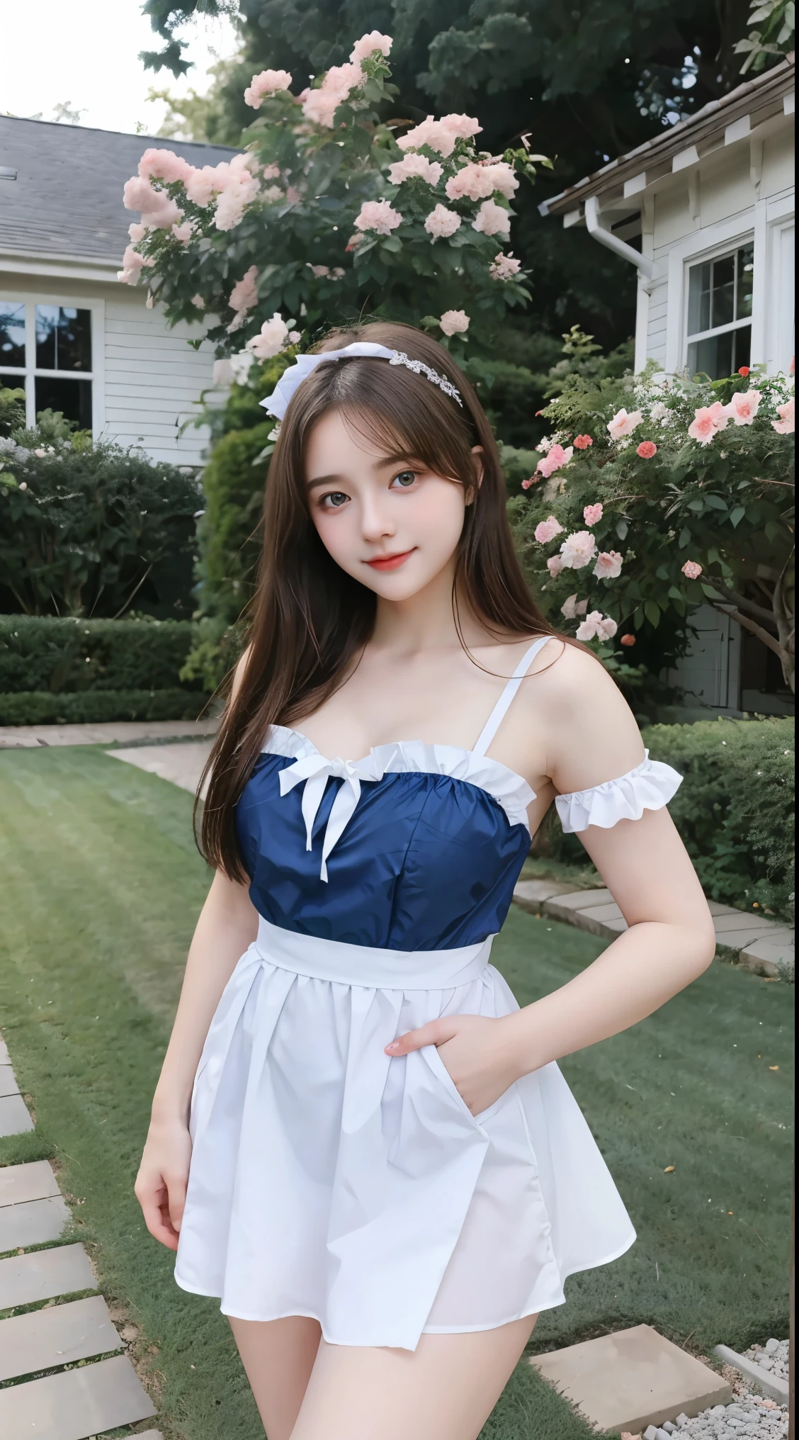 Gorgeus Girl, Beautiful, Baby Face, 20 Years Old, White Skin, Sexy Pose, maid outfit long, Blue Eye, Bokeh, front yard of the house Background, Masterpiece, Fullbody Shot,