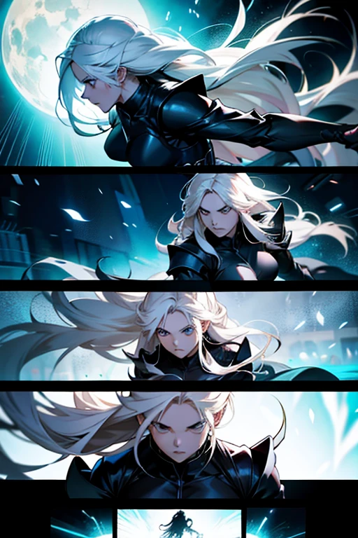 Girl with long white hair jumping off someone's face during a fight, manga page with panels and dialogue