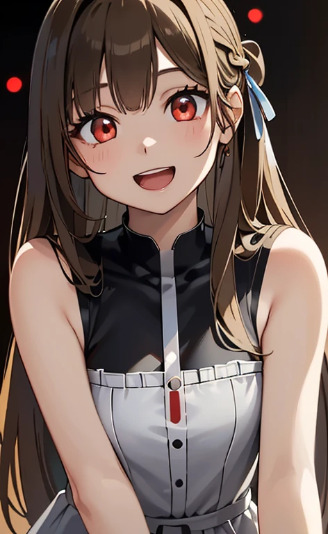 (Photorealistic:1.4)、(asuna,20-year-old:1.5),(masterpiece、lens flare:1.5、spot light:1.2、Exquisite beautiful eye:1.5,portlate),(kind eyes、tareme:1.2),(leaning forward:1.3)
、Cute Face、 3D Face、(light brown hair:1.5)、(straight hair sidelock blunt bangs:1.3),(1 woman)、(Red eyes:1.2)、(upper body:1.5)、(Open mouth happy smile:1.5)、(head tilt) ,(Cute face:1.2),(flat chest),(),kind face,(white red gothic ta neck holder dress),(black background:1.5)、(glowing eyes:1.3)、()、 Neat and clean、Adorable、Demure,Slim Body(),Shiny Hair、()、Nijisketch,Manga,beautifuljapanesewoman
