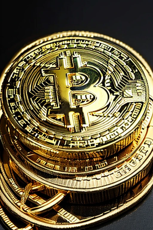 Stunning photo of gold bitcoin on digital blockchain, background digital database, bitcoin with gold wire --ar 16:9 --style raw