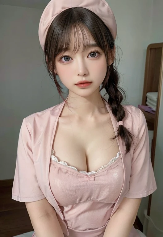 masterpiece, Extremely detailed, Ultra-high resolution, (Realistic photos: 1.37), Light Color、detailなパンティーパターン、focus、HD RAW color photography, extremely delicate and beautiful, 非常にdetail, 8K Wallpaper, Astonishing, (8K, Original Photography, Top quality, masterpiece: 1.2), detail, 非常にdetailな目, 非常にdetailな肌, 非常にdetailな指, h非常にdetail nose, 非常にdetailな口, Perfect anatomical structure,1 girl in, Fuzzy, Fuzzy background, Fuzzy前景, blush, Weaving, huge山雀, Depth of Field, Eyebrows visible through hair, Hair between the eyes,short hair,Solitary, huge 、Nogizaka Idol、Korean Idol、Striking a gravure idol pose、18 years old adult female、High,Korean Idol、Nogizaka Idol、Striking a gravure idol pose、(((Pink nurse:1.3)))、Black knee socks，Highlight the essentials、开放性Cleavage,((Large Breasts:1.4))、G cup slim figure (((Large Breasts)))Breast sagging、Low-cut(((Cleavage )))、(((Wide hips,)))(((Hourglass figure)))((Long legs))、Model Diagram、model standing、