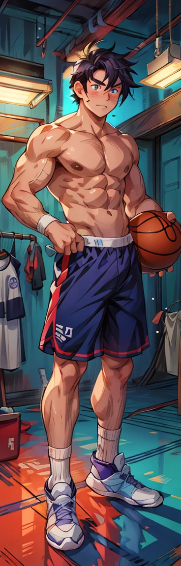 (masterpiece,best quality,H),1 person,nude男孩,Very shy,My face turned red,Shy,muscular,Delicateeyes,nude,(nude),blue eyes,Shirtless,Full body,Blue purple short hair,(fluorescent lamp),(a color),((Blue Background)),Basketball shorts,White socks,