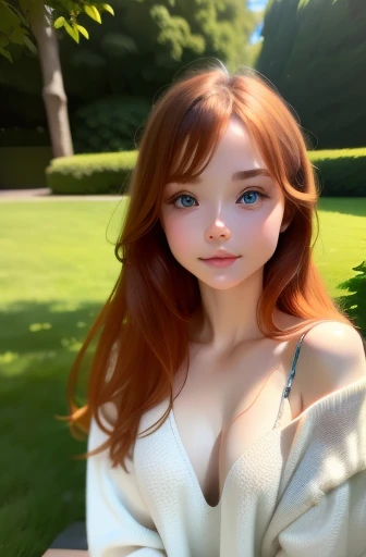 beautiful girl in flower field, beautiful detailed eyes, beautiful detailed lips, extremely detailed eyes and face, long eyelashes, beautiful detailed skin, perfect body shape, scandinavian girl, small, long ginger dark hair, clear green eyes, wearing black XL size knitwear, in rose garden, plein air, best quality, 8k, masterpiece, crisp focus, ultra-detailed, photorealistic, sharp focus, physically-based rendering, vivid colors, studio lighting, professional, bokeh