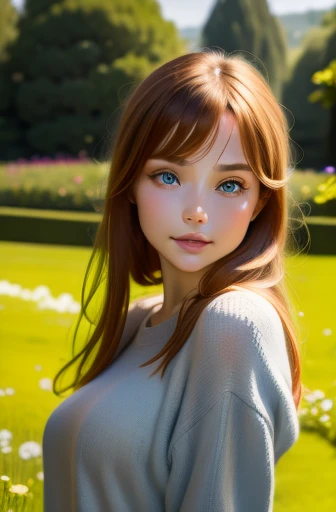 beautiful girl in flower field, beautiful detailed eyes, beautiful detailed lips, extremely detailed eyes and face, long eyelashes, beautiful detailed skin, perfect body shape, scandinavian girl, small, long ginger dark hair, clear green eyes, wearing black XL size knitwear, in rose garden, plein air, best quality, 8k, masterpiece, crisp focus, ultra-detailed, photorealistic, sharp focus, physically-based rendering, vivid colors, studio lighting, professional, bokeh