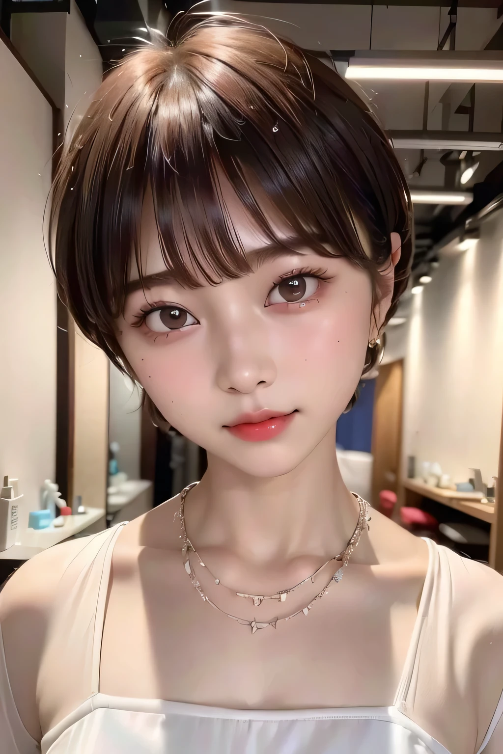(highest quality:1.4)、(masterpiece:1.4)、RAW Photos、8k、((Best image quality))、 ((High resolution))、Beautiful face in every detail、Realistic human skin、Gentle expression、(One Woman:1.3 )、Realistic、Photorealistic、(short hair:1.4)、(Beautiful woman)、(Cute Japanese Girl)、(boyish:1.3)、(mannish)、((Beautiful woman))、(Beautiful Hair)、((Dark brown hair))、(((Red cheeks)))、(Her eyes are big:1.3)、20 year old beauty、(Her face is small:1.5)、Small Head、((Long neck))、Pale skin、Immaculate skin、With bangs、Everyone longs for、Beautiful woman in Japan、((eight-headed body))、(necklace)、(fashion magazine:1.3)、(Fashion Model:1.3)、smile、Happy expression、(She has a lot of fans:1.ung women respect her))、Charismatic Model、(She has a lot of fans:1.4)、enjoy、Red cheeks、(Blushing)、(Putting on makeup)、White Dress