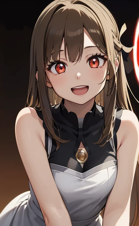 (Photorealistic:1.4)、(asuna,20-year-old:1.5),(masterpiece、lens flare:1.5、spot light:1.2、Exquisite beautiful eye:1.5,portlate),(kind eyes、tareme:1.2),(leaning forward:1.3)
、Cute Face、 3D Face、(light brown hair:1.5)、(straight hair sidelock blunt bangs:1.3),(1 woman)、(Red eyes:1.2)、(upper body:1.5)、(Open mouth happy smile:1.5)、(head tilt) ,(Cute face:1.2),(flat chest),(),kind face,(white red gothic lolita neck holder dress),(black background:1.5)、(glowing eyes:1.3)、()、 Neat and clean、Adorable、Demure,Slim Body(),Shiny Hair、()、Nijisketch,Manga,beautifuljapanesewoman