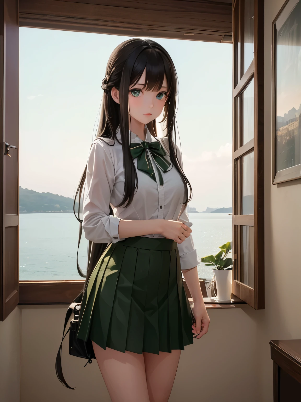 (8K, RAW photos, best quality, masterpiece:1.2), (Practical, photo-Practical:1.37),1 Girl, skirt, Green Eyes, long hair, Superfine fabric, beautiful decoration on skirt,