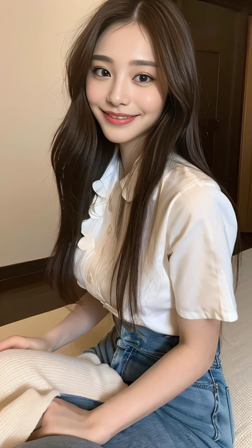 A beautiful and cute girl, full body photo, extremely beautiful and delicate, black hair, sweet smile, delicate beautiful fair skin, realistic and realistic, exquisite and complete facial features, detailed facial portrayal, high nose bridge, flowing smooth hair, extremely delicate hair, soft temperament, face light, tall, thin, real, hyper-real, full-body lens, forward tilt angle, ultimate picture quality, highest precision, accurate and perfect human body structure. Blue sky and white clouds, sitting in the garden, blue sky and white clouds, sunshine, (high waist pink white blouse, long skirt) belt
