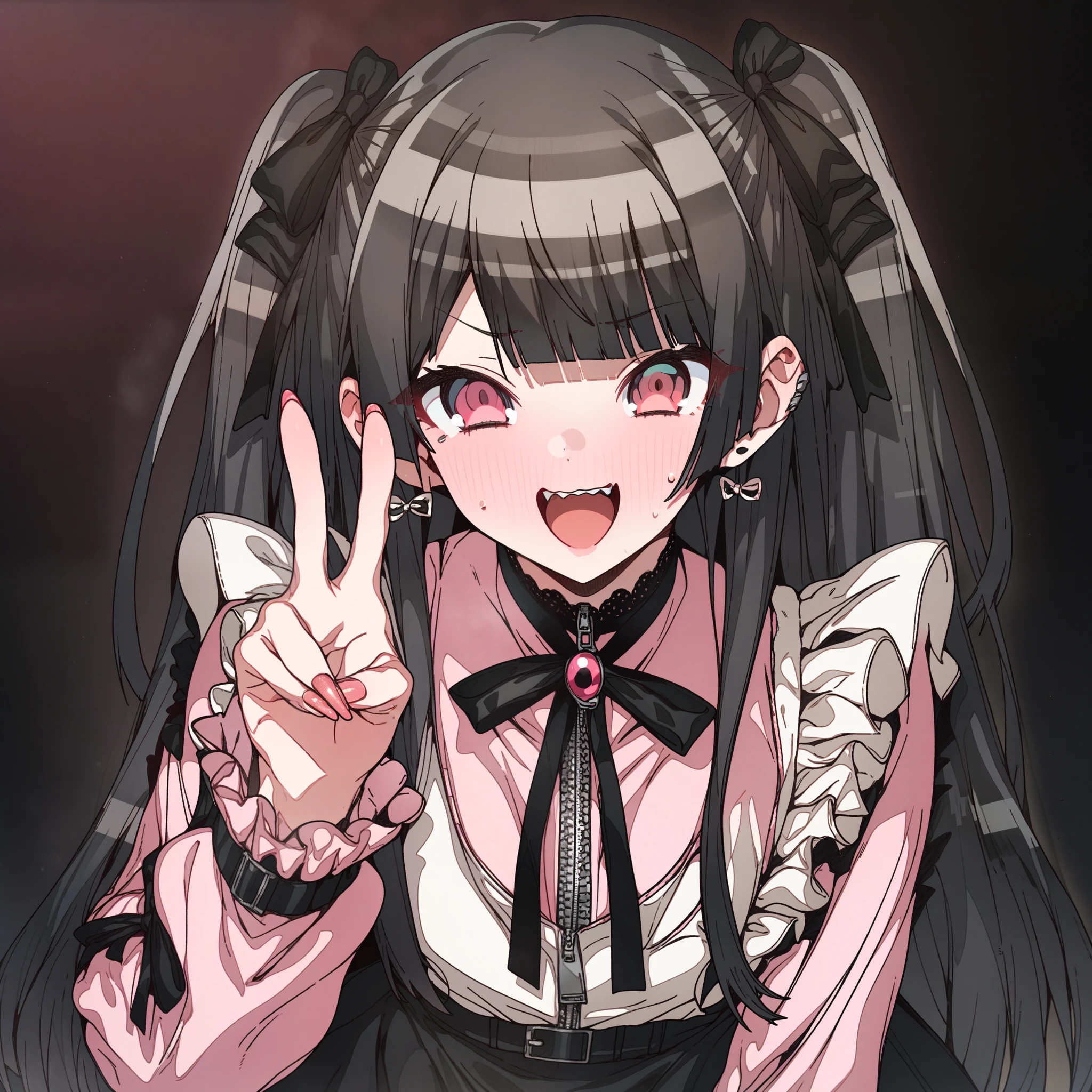 Artist, erere, Copyrights, idolmaster, idolmaster_shiny_colors, Character, mayuzumi_fuyuko, General, 1girl, black_hair, black_necktie, black_ribbon, black_skirt, blunt_bangs, blush, breasts, v, brown_eyes, censored, frilled_sleeves, frills, jirai_kei, long_hair, long_sleeves, medium_breasts, miniskirt, neck_ribbon, necktie, open_mouth, pink_nails, pink_shirt, raised_eyebrow, ribbon, shirt, skirt, sweatdrop, teeth, two_side_up, upper_teeth_only, zipper_skirt, full_body, standing, white_backgroud, looking_at_viewer, facing_viewer, masterpiece, best_quality, great_quality, girl, 