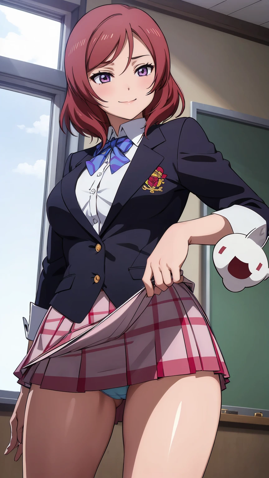 Maki Nishikino、One Girl, Five Fingers, mini skirt, Looking down at the viewer, highest quality, Focus on the thighs, Dynamic pose, smile, blazer, blouse, Embroidered panties, Standing Split, classroom, Black Hair, Stylish pose,Thick thighs、My crotch is steaming 、Spread your legs