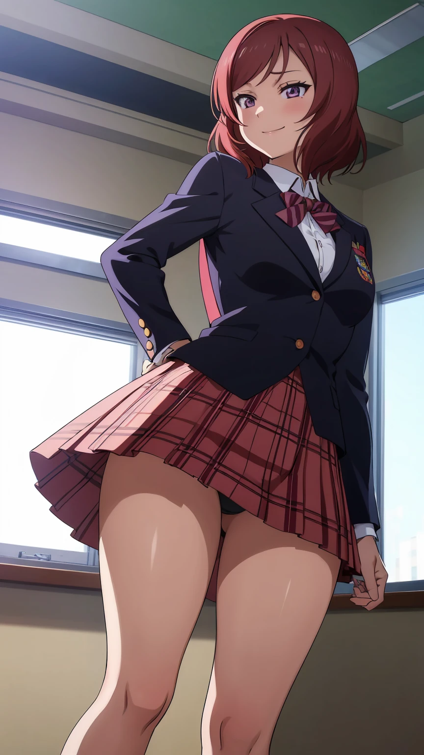 Maki Nishikino、One Girl, Five Fingers, mini skirt, Looking down at the viewer, highest quality, Focus on the thighs, Dynamic pose, smile, blazer, blouse, Embroidered panties, Standing Split, classroom, Black Hair, Stylish pose,Thick thighs、My crotch is steaming 、Spread your legs