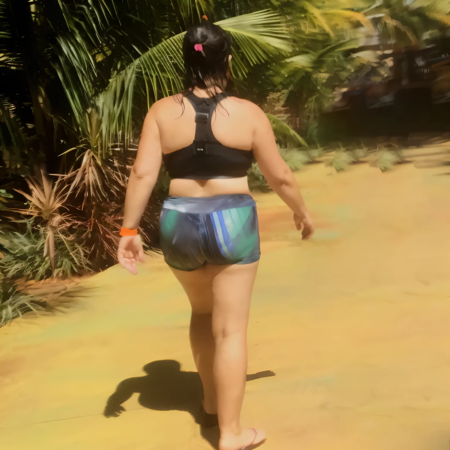 there are two women in the water at the beach, wearing two - piece swimsuit, is wearing a swimsuit, seen from the back, wearing spandex bikini, long shot from the back, other women dancing behind, uhd candid photo of dirty, skinny waist and thick hips, shot from the back, vacation photo, shapely derriere, from the back