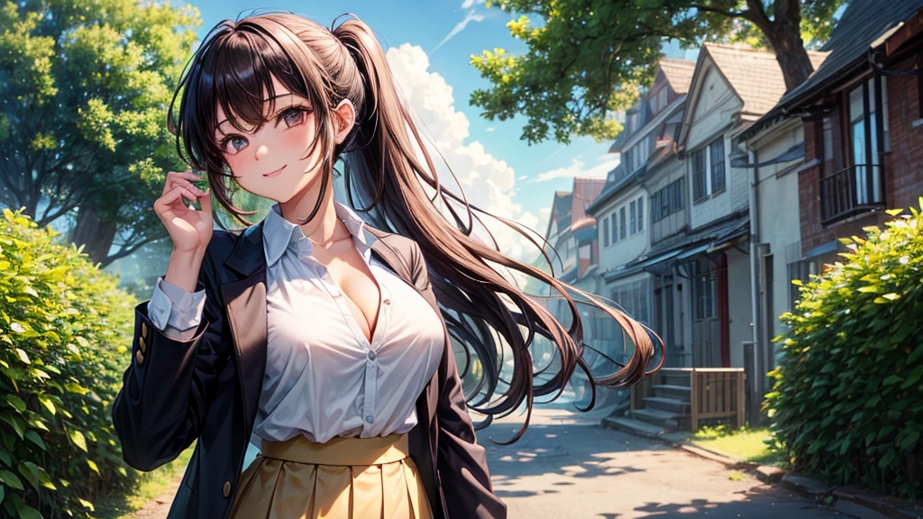 1girl, solo, summer, village, trees, sun, clouds, ((colorful hair)), long hair, curly hair, ponytail, large breasts, ((black blazer)), button down shirt, ((white shirt)), ((short sleeved shirt)), ((unbuttoned shirt)), unbuttoning buttons, cleavage 1:3, brown eyes, skirt, smile, looking at the viewer, standing, hair ribbon, golden necklate