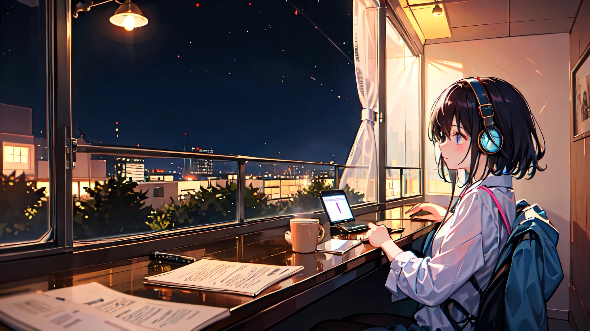 ((1 girl))、Black Hair、((Quiet room at night))、((Night view outside the window))、Calm expression、((studying))、coffee、((I have headphones on))、Warm lighting