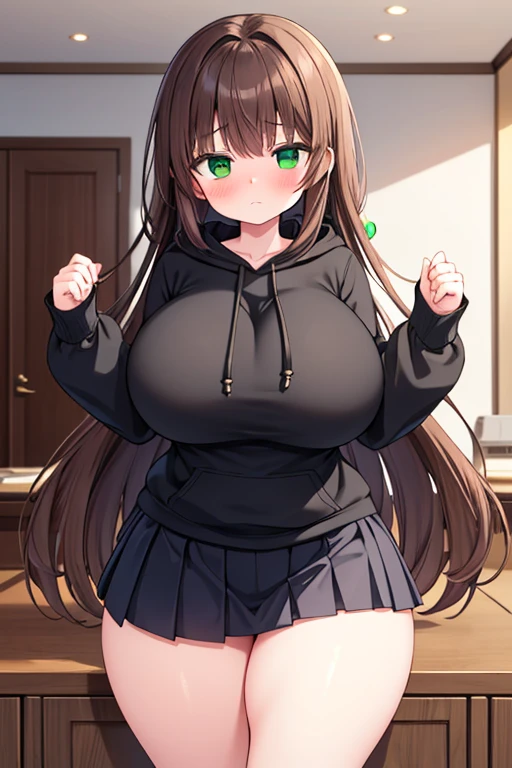 A Beautiful Cute Girl, ((s-old)), with (Long Brown Hair), (Beautiful Green Eyes), Huge Breasts, Thicc Thighs, Massive Thighs, Thicc, Thick, wide hips. She’s wearing a Black Hoodie, and a Short Green Pleated Skirt. Inside a Modern House, with an embarrassed expression,