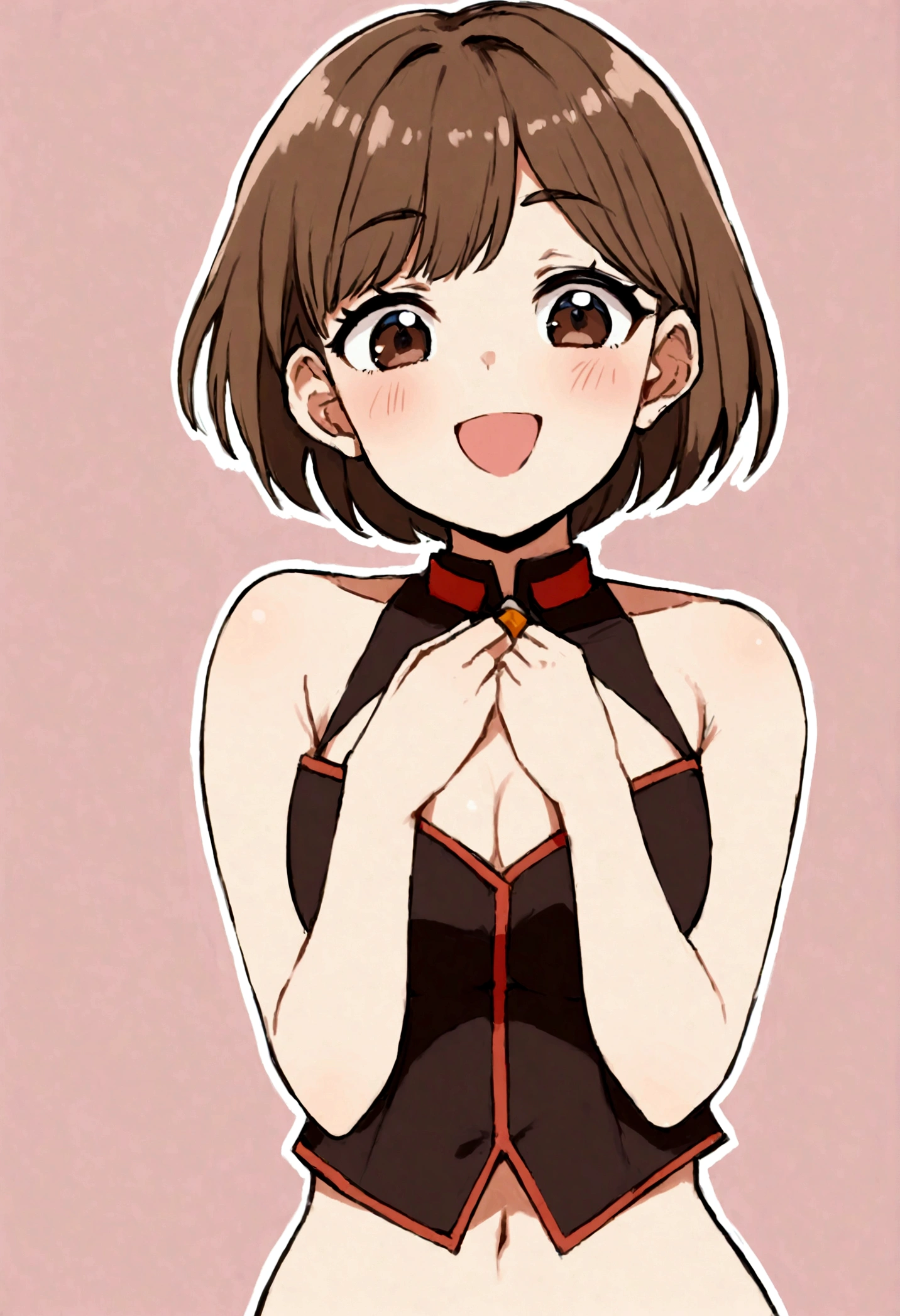 20-year-old Japan female、The slightly brown mash short haircut does not have short ears.、A style with an outline that rises higher in the front than in the back, creating a small, idol-like face、She is wearing hot pants, her upper body is bare, and she is smiling while hiding her chest with her arms.