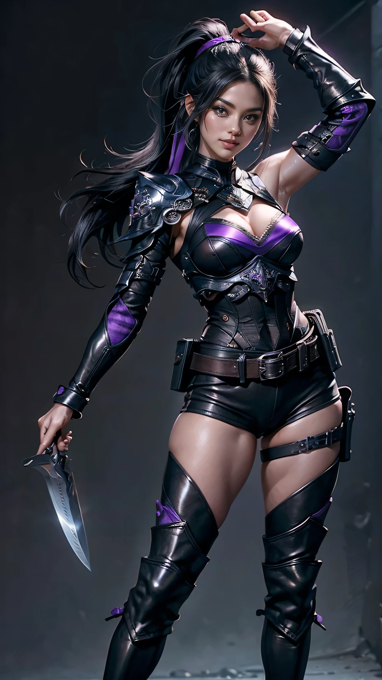 highest quality、masterpiece、8k、Realistic、超High resolution、Very delicate and beautiful、High resolution、Cinema Lighting、medium range shooting、Portraiture、Perfect female body、Opposition、Looking at the audience、((Black hair ponytail:1.5、Deep blue eyes))、Colours in harmony with nature、Soft contours、A smile suits you、Beautiful Lips、 physique、Feel the flexibility、((Black and purple leather armor and boots:1.6、Designed for covert operation、Shoulder and hip throwing knife holsters))、Elegant smile、Be considerate and、Approachable