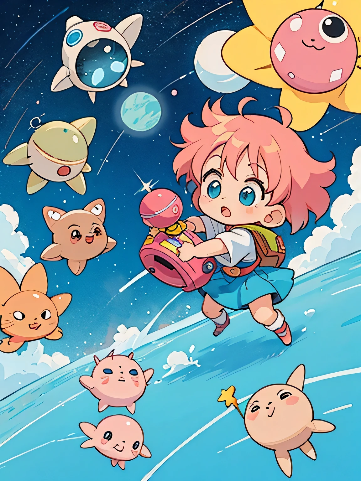 Akira Toriyama style, kawaii design, The most beautiful girl of all time, Chibi, I thought it was a bunch of shooting stars, but it was actually an alien army attacking with spaceships.