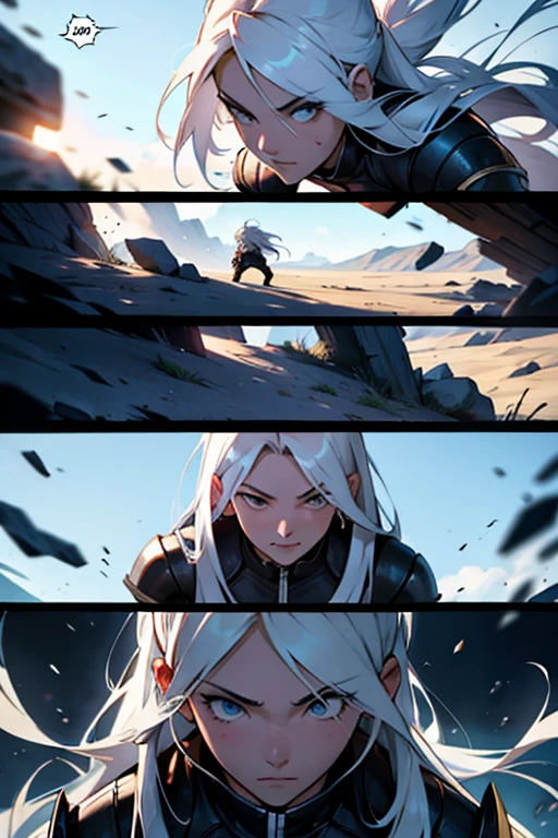 Girl with long white hair, intense fighting scenes, manga page with panels and dialogue