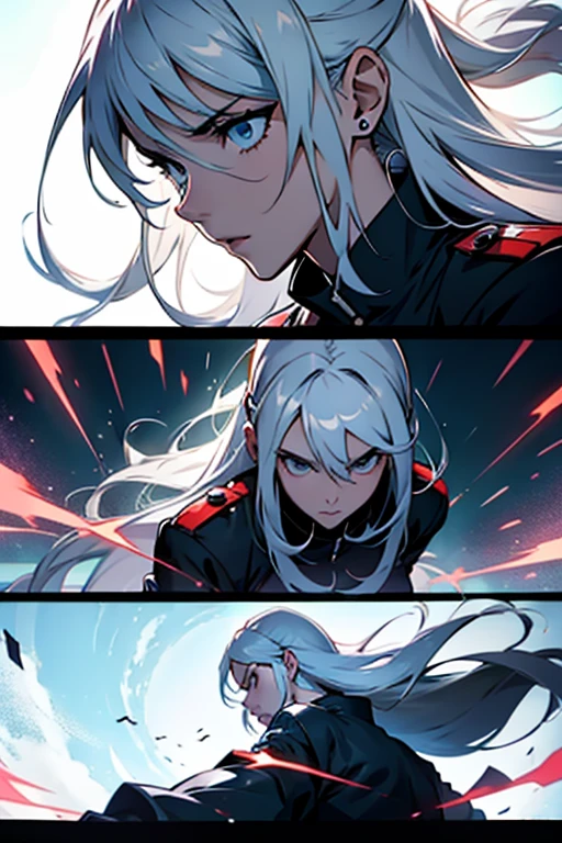 Girl with long white hair, intense fighting scenes, manga page with panels and dialogue