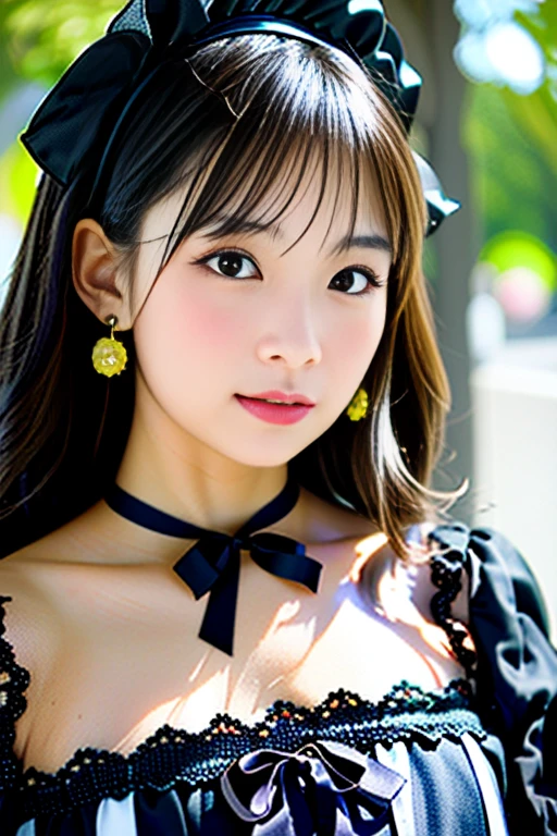 (Highest quality details:1.2), Realistic, 8K Ultra HD, High resolution, Fujifilm(Medium format), Hasselblad, Carl Zeiss, Incredible dynamic range photography(utility_art:Smoose-768:1.1), (One Girl:1.2), Super detailed, High quality textures, Intricate details, detailed, Very detailed CG, High Quality Shadows, detailed Beautiful and delicate face, detailed Beautiful and delicate eyes, Depth of written boundary, Ray Tracing, 18 years old, Cute Japanese Girl, Narrow Face, Glossy lips, Glowing Eyes, Glowing Eyes, Perfect body, View the viewer, (Jewelry Earrings), (Eye Color: Brown), (Bright red flower hair ornament), (Long white hair), (Layered Hairstyles), (Classic Gothic ta:1.5), Fashion Model Style, Small breasts. Tehehe face