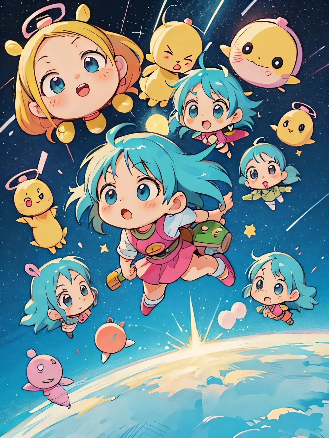 Akira Toriyama style, kawaii design, The most beautiful girl of all time, Chibi, I thought it was a bunch of shooting stars, but it was actually an alien army attacking with spaceships.