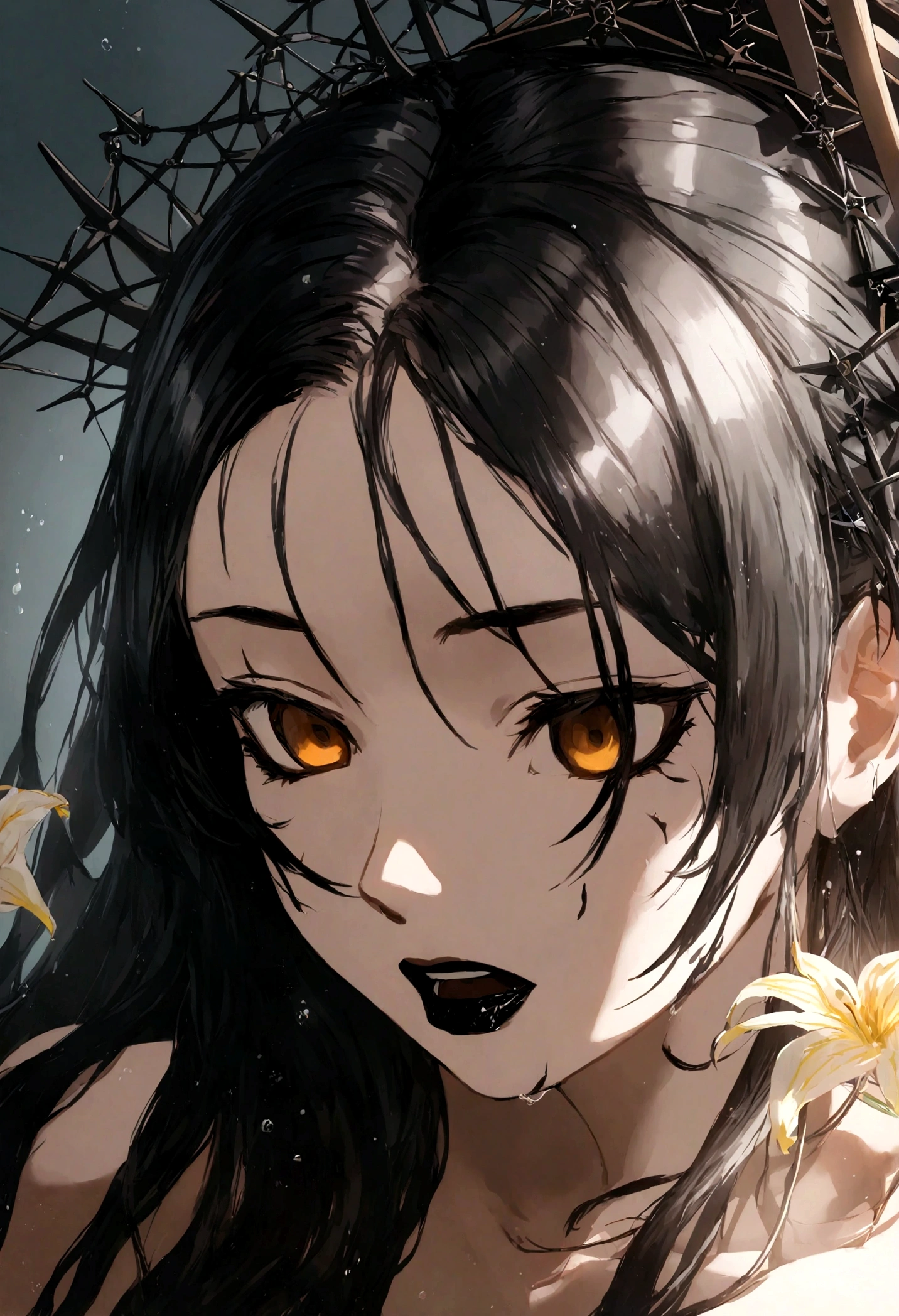 girl underwater, long red flowing hair, Angel wings, orange yellow and white lily flowers