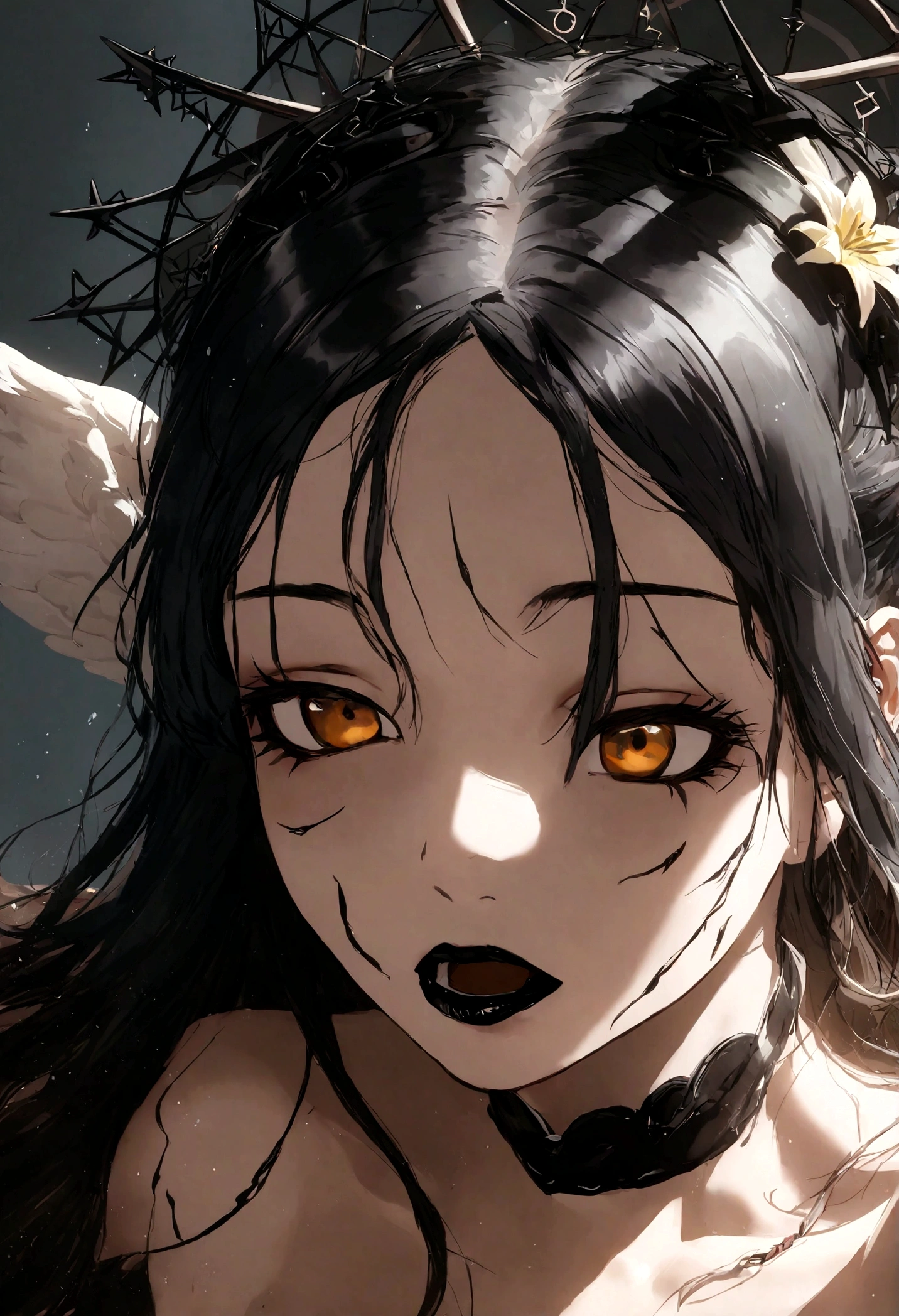 photo(portrait, from the front, close up, facing camera) of a woman(solo, succubus, long wavy hair, dark blue hair, light blue skin, androgynous face, yellow eyes, thin lips, four silver horns, Inhuman, Irresistible, Menacing, Violent), hentai game, anime, best quality, masterpiece, maximum detail, high resolution