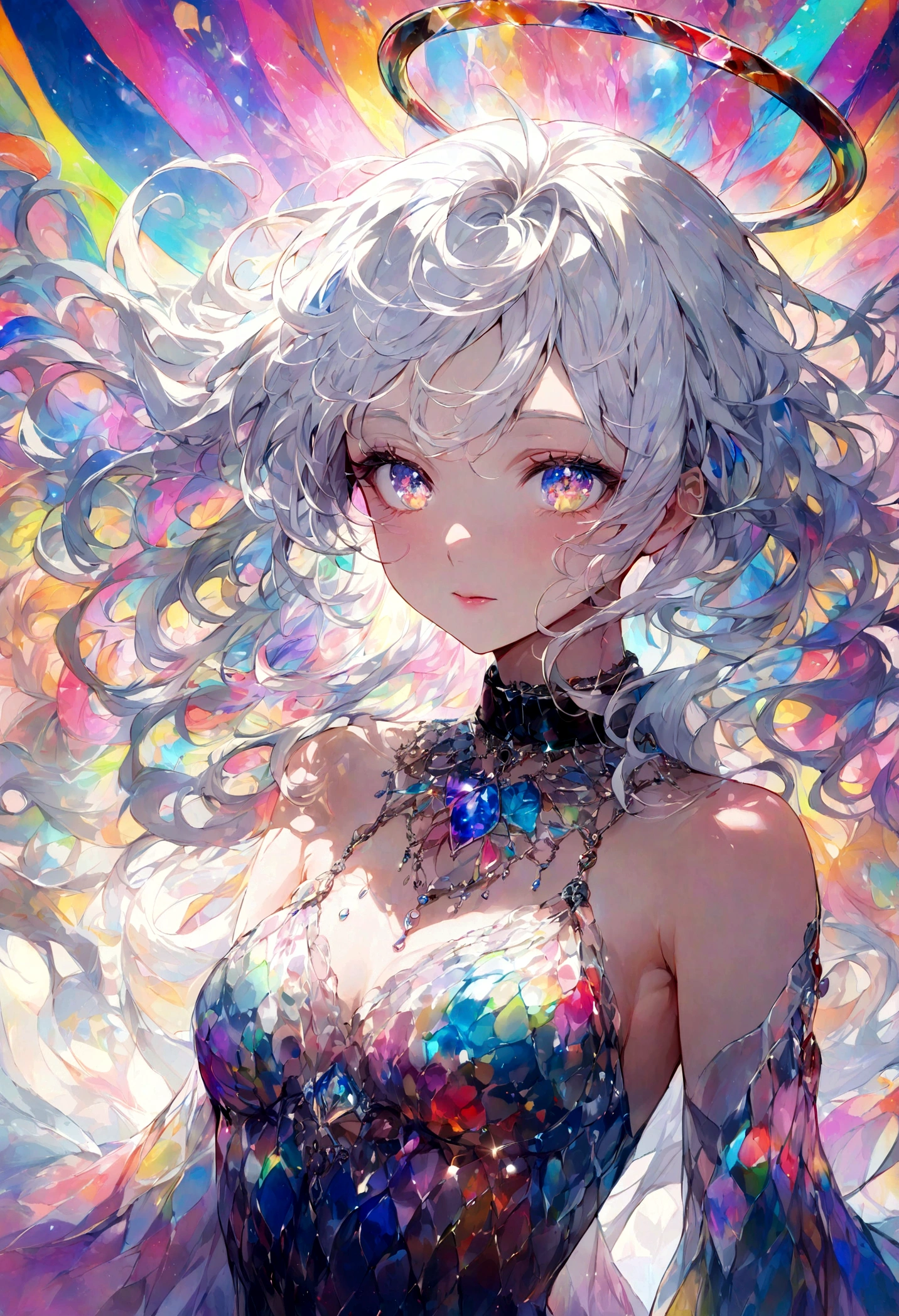 Meditative、Cosmos、Spiritual world、yoga、spiritual、Zazen girl、chakra、transparent eyes、Mouth closed、long eyelashes、Deities々halo、 ((glitters)), (Colorful), (Colorful), Colorful, Colorful, Upper body, Highest image quality, Highest image quality, masterpiece, solo,, fabulous,hair length, wind, (elegant: 1.3), (((masterpiece)))、(((top quality)))、((ultra detailed))、((Planktonic))、((wild hair))、(solo)、(1 girl in)、collars、bare shoulders、White hair、beautiful detailed eyes、(Colorful фон))))、((((High chroma))))、