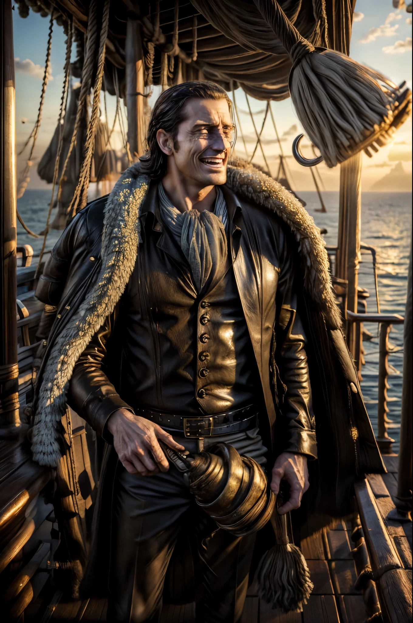 masterpiece, best quality, extremely detailed, hyperrealistic, photorealistic, a cool 40s man, ultra detailed face:1.2, fur-trimmed coat, scarf around the neck, his left hand is a golden pirate hook:1.1, on ship, in the sunrise, holding a mop, sweeping the deck, laughing