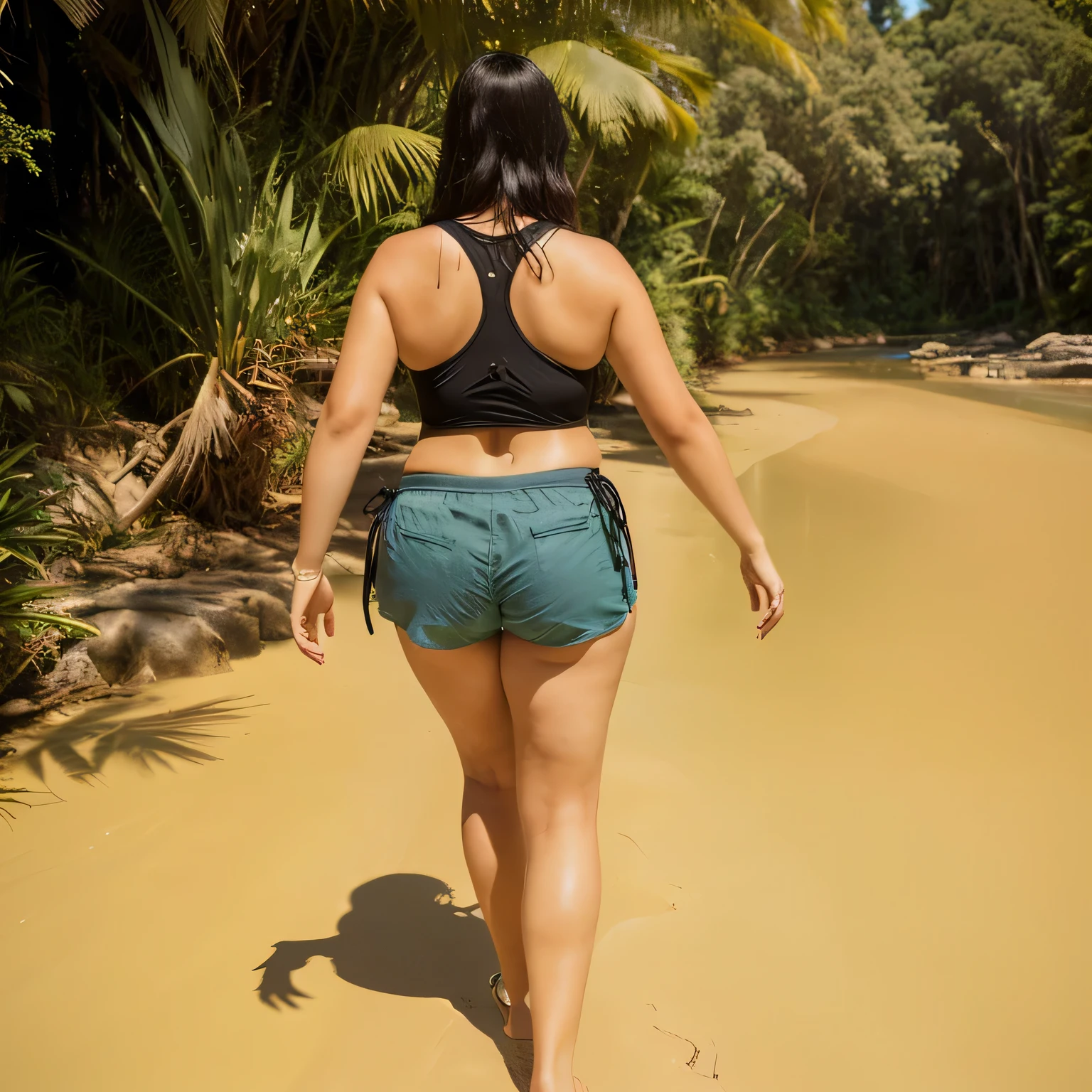 there is a woman walking along a path in a bikini, moving away from the camera, moving away from the camera, seen from the back, seen from behind, in full growth from the back, walking to the right, she is walking in a river, pose from the back, shot from the back, long shot from the back, in shorts.
The woman is wearing short, tight green-blue-gray shorts and a black top and black tank top.
A beautiful Brazilian woman, with white skin, dark brown hair. She is around 40 years old, 165 cm tall and weighs 56 kg. Her body exudes glamor and her face is a definition of beauty. Slender body, thin waist. Highly realistic, hyperrealism, very elaborate skin. Clear photo, high resolution, high quality, masterpiece, 16K photo, high contrast, masterpiece, NUDE, NUDITY, NFSW.