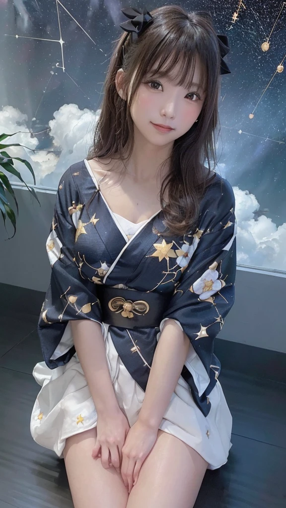 (((night,null,Beautiful Clouds,Detailed Background,constellation,starry null))), One girl,alone,Shiny skin,Tilt your head,smile,whole body,Wide Shot,(kimono, Floral print, heart, ribbon, yukata:1.2),Crystal of snow,Knee socks,Reflection Bed, whole body, (8k, RAW Photos, highest quality, masterpiece:1.2, masterpiece8K.High resolution. High resolutionの不条理:1.2, Film Grain, Blurry bokeh:1.2, Lens flare, (Bright colors:1.2), (delicate))