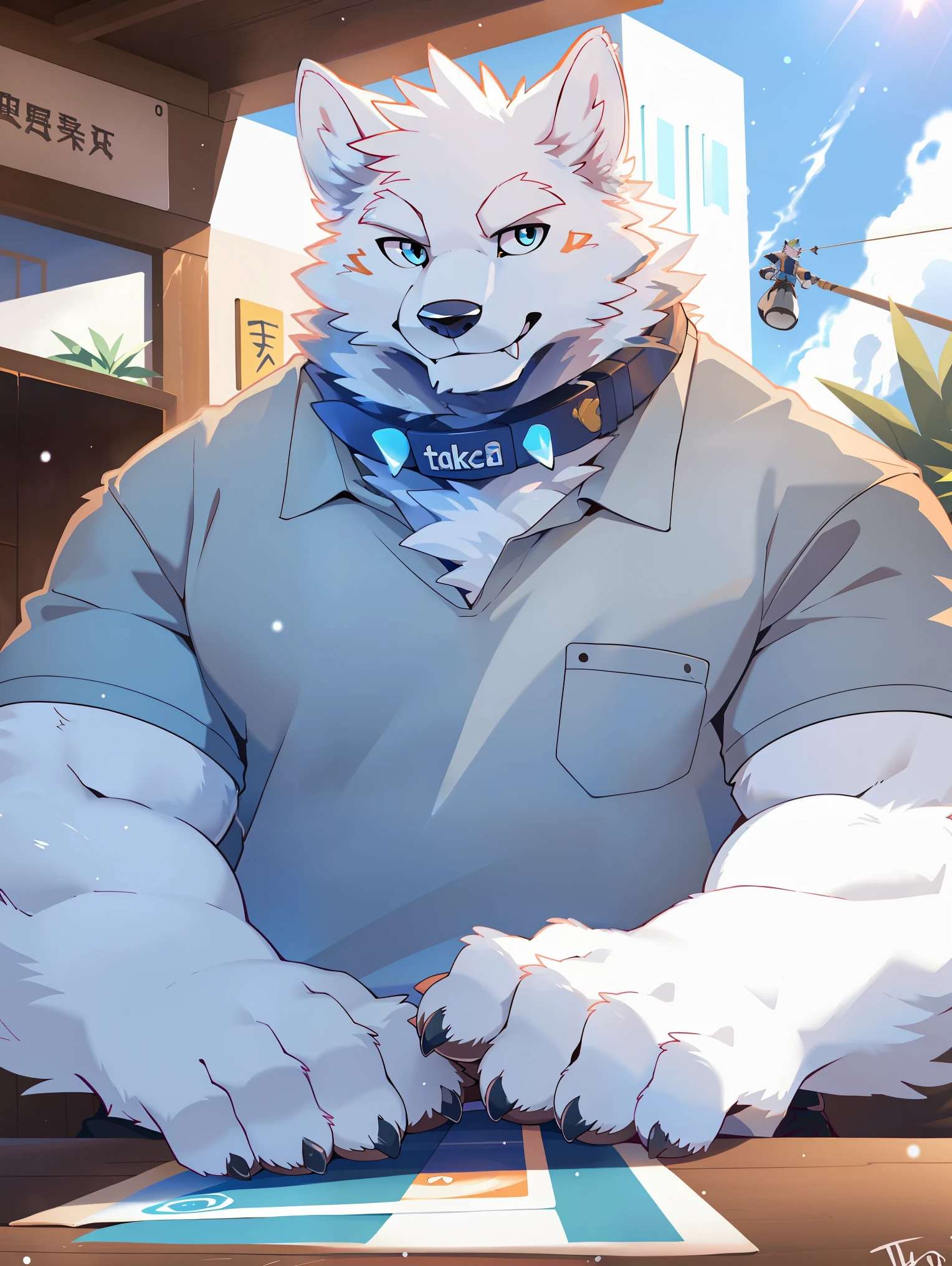 ((all white fur:1.5)), solo, Perfect sky blue eyes, Spike Collar, (artist:Takemoto Arashi), Mature face, elder, longeyelashes, (fang out:1.5), (Clear facial details), Wearing a very loose oversized white shirt|Black pants, Thin and tall figure, A snow wolf sitting in a street cafe, Put your arms on the table, ((Reveal most of the background)), More background detailsWarm scene, (The frontal of the character:1.3), happy, smiley, The camera shoots from the front, Tonalism, panorama, perspective, first-person view, best quality, UHD, super detail, high details, anatomically correct, 8k