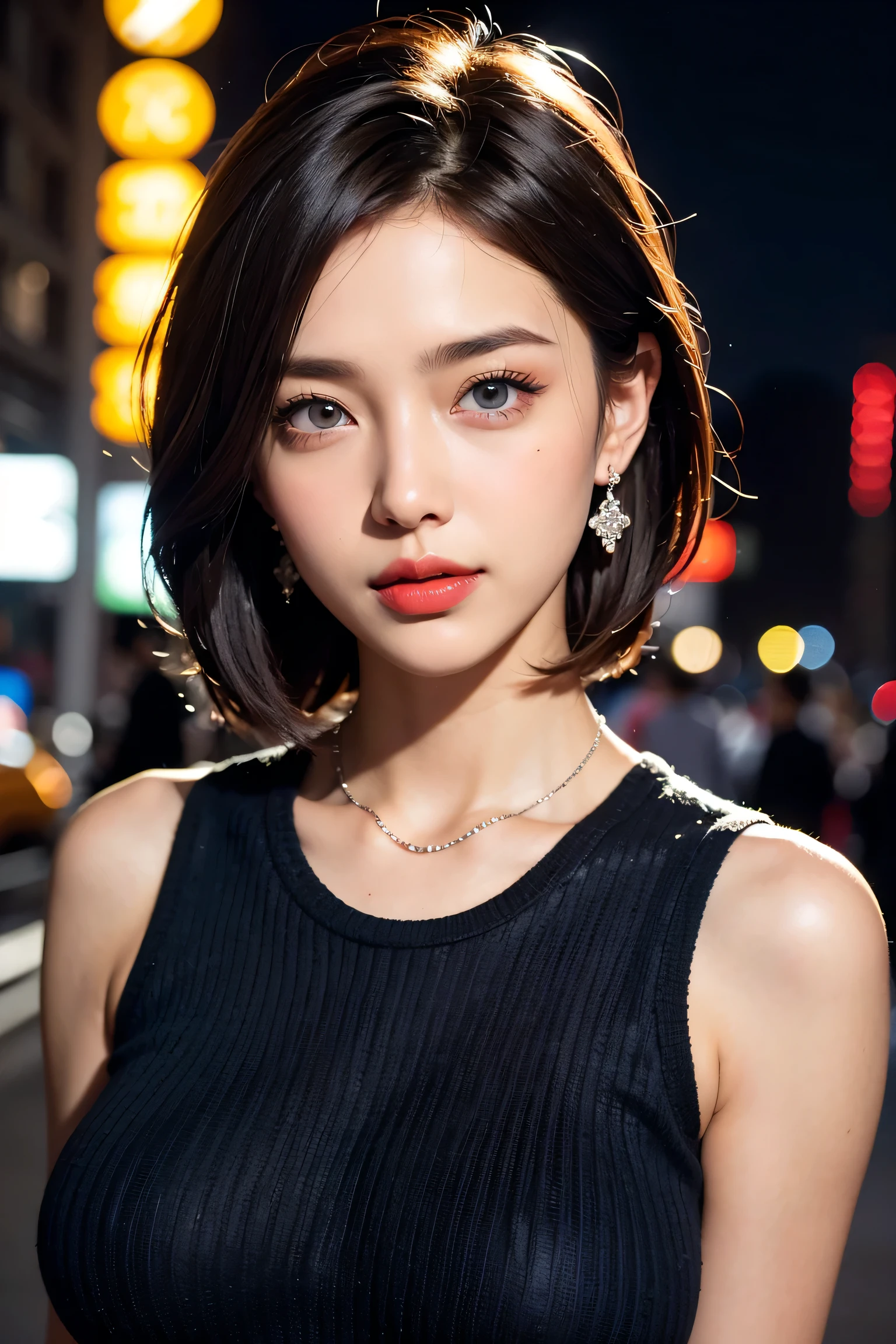 Beautiful college girl in the city, masterpiece, light makeup, red lips, silver hair, messy short cut, city background, beautiful, elegant. Very fine details, masterworks, authentic texture, cinematic lighting realism, perfect work, 16k, high resolution, exquisite features, blue eyes, Japanese idol, beautiful face, cute smile, brown hair, beautiful hair, attractive, big breasts, erect nipples, greasy muscles, shiny skin, tanned skin, glowing black skin, sexy knit sweater, bright big eyes, smooth skin, earrings, necklace, tattoo