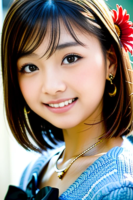 (Highest quality details:1.2), Realistic, 8K Ultra HD, High resolution, Fujifilm(Medium format), Hasselblad, Carl Zeiss, Incredible dynamic range photography(utility_art:Smoose-768:1.1), (One Girl:1.2), Super detailed, High quality textures, Intricate details, detailed, Very detailed CG, High Quality Shadows, detailed Beautiful and delicate face, detailed Beautiful and delicate eyes, Depth of written boundary, Ray Tracing, 18 years old, Cute Japanese Girl, Narrow Face, Glossy lips, Glowing Eyes, Glowing Eyes, Perfect body, View the viewer, (Jewelry Earrings), (Eye Color: Brown), (Bright red flower hair ornament), (Long white hair), (Layered Hairstyles), (Classic Gothic Lolita:1.5), Fashion Model Style, face close up, smile