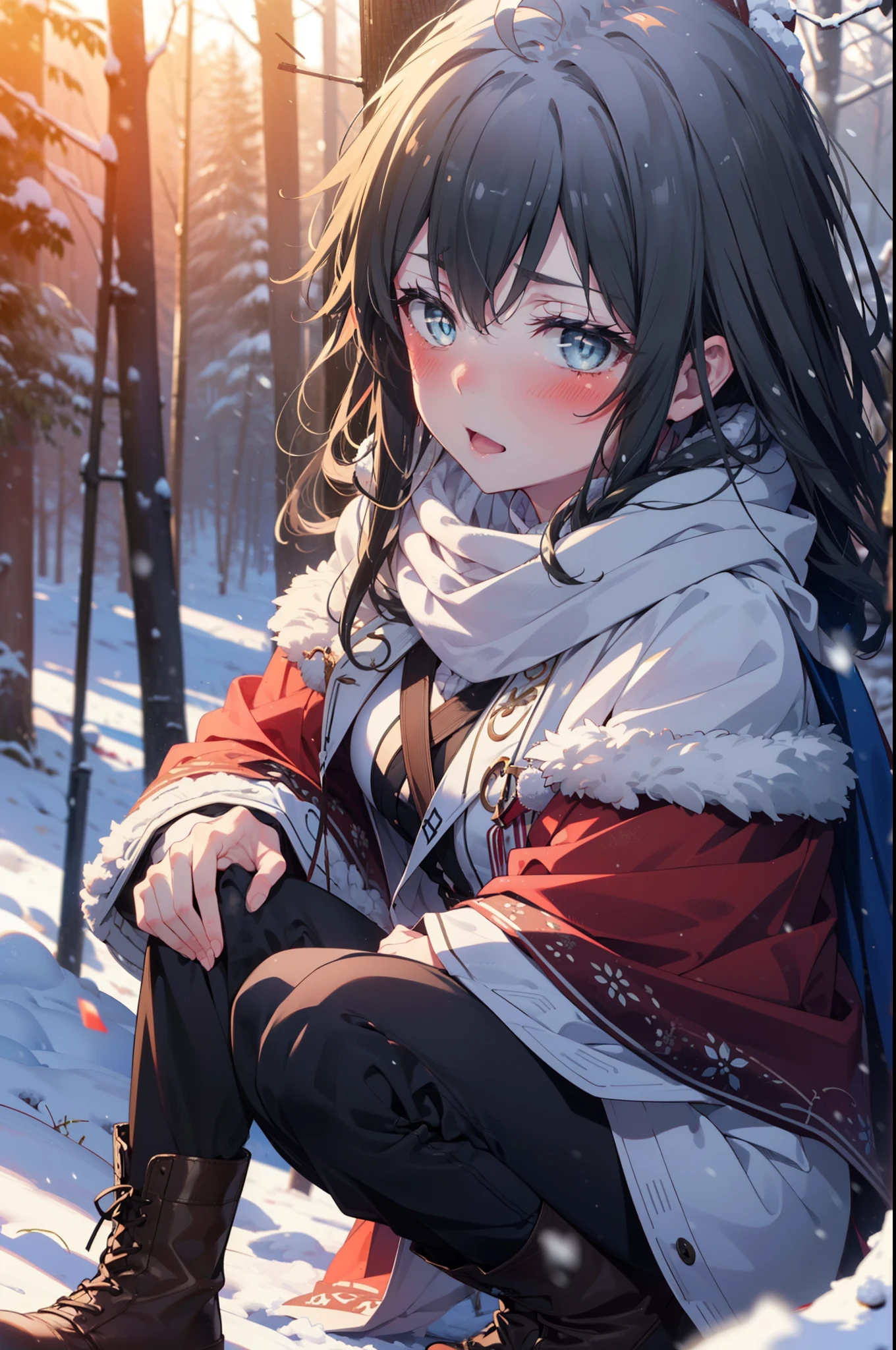 yukinoyukinoshita, yukino yukinoshita, Black Hair, blue eyes, Long Hair, Ahoge,smile,blush,White Breath,
Open your mouth,snow,Ground bonfire, Outdoor, boots, snowing, From the side, wood, suitcase, Cape, Blurred, forest, White handbag, nature, Squat, Mouth closed, フードed Cape, winter, Written boundary depth, Black shoes, red Cape break looking at viewer, Upper Body, whole body, break Outdoor, forest, nature, break (masterpiece:1.2), highest quality, High resolution, unity 8k wallpaper, (shape:0.8), (Beautiful and beautiful eyes:1.6), Highly detailed face, Perfect lighting, Highly detailed CG, (Perfect hands, Perfect Anatomy),