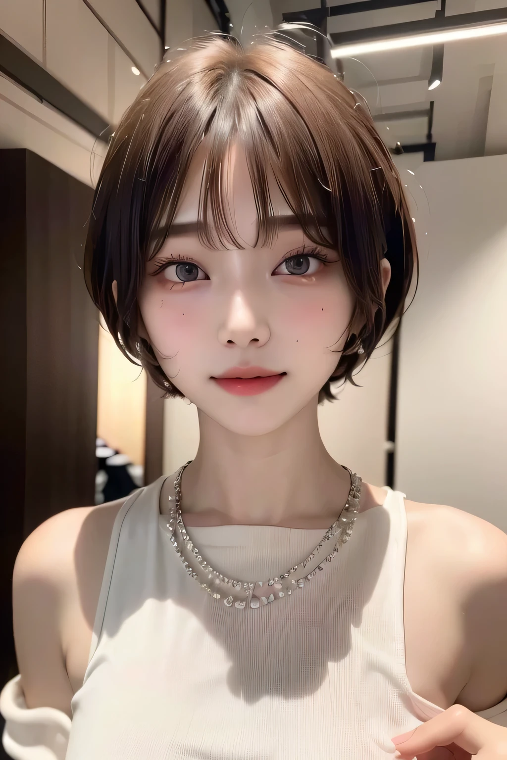 (highest quality:1.4)、(masterpiece:1.4)、RAW Photos、8k、((Best image quality))、 ((High resolution))、Beautiful face in every detail、Realistic human skin、Gentle expression、(One Woman:1.3 )、Realistic、Photorealistic、(short hair:1.4)、(Beautiful woman)、(Cute Japanese Girl)、(boyish:1.3)、(mannish)、((Beautiful woman))、(Beautiful Hair)、((Dark brown hair))、(((Red cheeks)))、(Her eyes are big:1.3)、20 year old beauty、(Her face is small:1.5)、Small Head、((Long neck))、Pale skin、Immaculate skin、With bangs、Everyone longs for、Beautiful woman in Japan、((eight-headed body))、(necklace)、(fashion magazine:1.3)、(Fashion Model:1.3)、smile、Happy expression、(She has a lot of fans:1.ung women respect her))、Charismatic Model、(She has a lot of fans:1.4)、enjoy、Red cheeks、(Blushing)、(Putting on makeup)、White Dress
