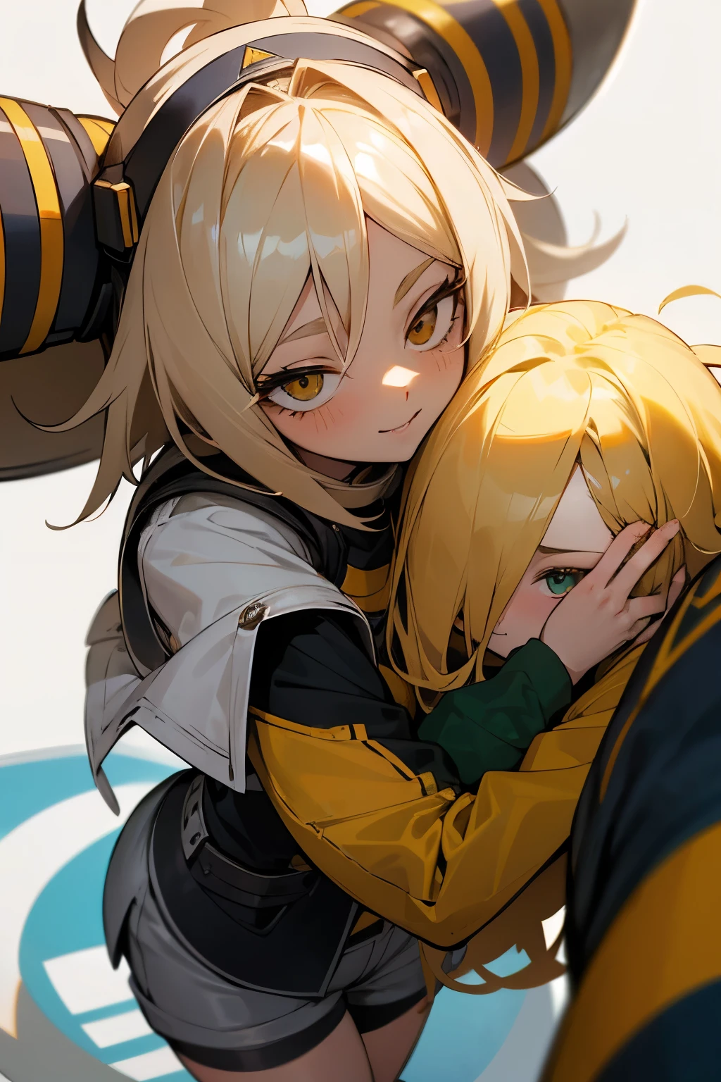 Captura de pantalla de Boku no hero academia de una chica adolescente + pelo rubio platinado y brillante+ojos color miel+contextura delgada+pelo ligeramente ondulado+ pelo largo + tiene expresion sonriente, usa un top gris, shorts, She is hugging a boy who has light blonde hair but black roots at the base., ojos color verde profundo, peinado de manera informal con algunos mechones cayendo sobre la frente y sonrisa coqueta, fondo parque