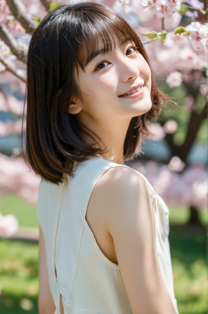 Ultra high resolution, masterpiece, best quality, super detailed, extremely delicate and beautiful, cinematic light, detailed environment, real, 8k, RAW photo, realistic, photo-realistic, extremely detailed, photography, amazing, finely detailed, milky skin, shiny skin, natural skin texture, solo, a 21-year-old Japanese female high school teacher, with short hair, full-body photograph, slight smile, standing at a park, sunlight casting soft shadows, In front of a cherry tree, Looking back