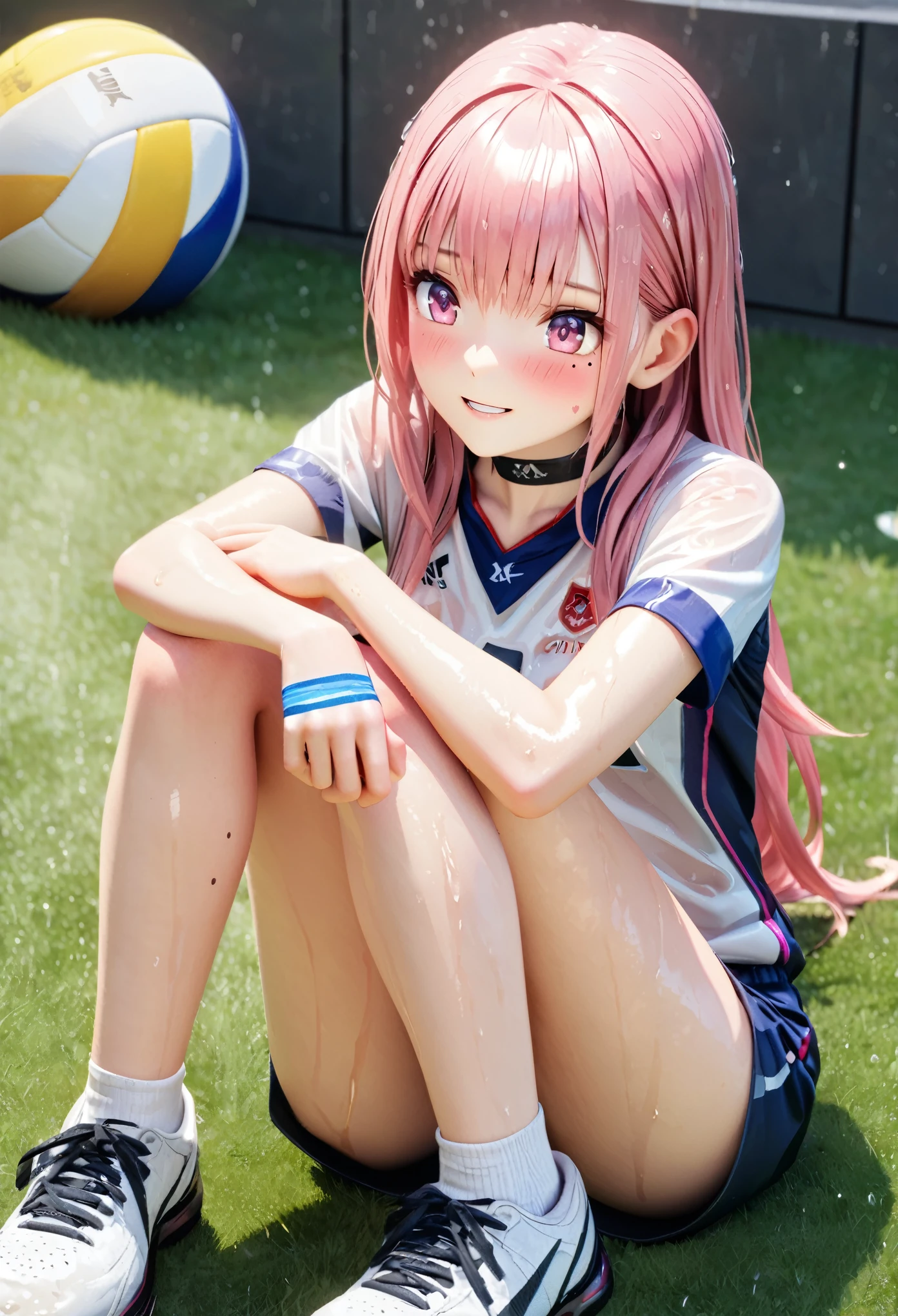 masterpiece, best quality, highly detailed, high resolution, expensive solution, high resolution, 4k, 8k, Unity 8k wallpaper, highly detailed CG, masterpiece, 2d, 3d, beautiful details, depth, fine texture, best quality: 1.3, total concentration, transparent skin, him, very cute anime girl, expensive pink long hair, one girl, volleyball uniform, knee pads on knees, volleyball shoes, on the grass in the schoolyard, it was raining heavily and she was soaking wet. The volleyball uniform was see-through, her hair was soaking wet, smiling long pink hair, full body, on the grass in the schoolyard, heavy rain, mole under eye, gaze, expensive, blush, lips parted, heart, pink eyes, choker