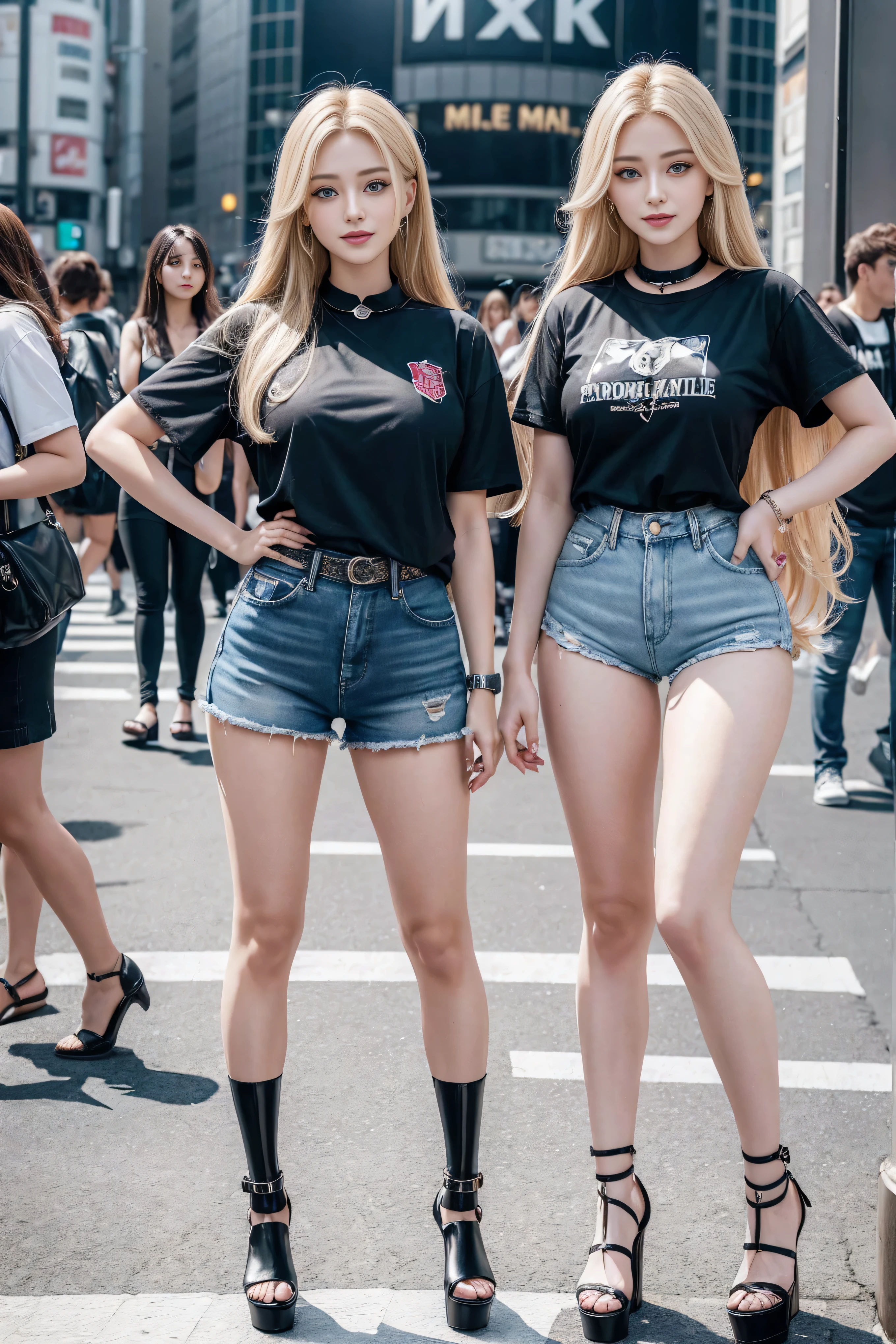 1 girl, (blue eyes), (They are smiling), (In the name of Mina), Wide hips, tetas Large targets, Large target, (Best quality, 8K, masterpiece: 1.3), Perfect hands, Clear focus: 1.2, Perfect body beauty: 1.4, Slim abs: 1.2, Highly detailed face and skin textures, delicate eyes, Double eyelids, (Long blond hair), (Black collar T-shirt), (Denim shorts :1.1), (High heel :1.3), permanent, Dynamic poses, Background Tokyo Shibuya Crossing.