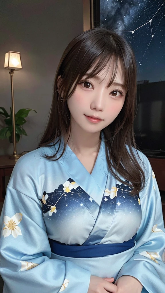 (((night,null,Beautiful Clouds,Detailed Background,constellation,starry null))), 21 year old girl,alone,Shiny skin,Tilt your head,smile,whole body,Wide Shot,(kimono, Floral print, yukata:1.2), whole body, (8k, RAW Photos, highest quality, masterpiece:1.2, masterpiece8K.High resolution. High resolutionの不条理:1.2, Film Grain, Blurry bokeh:1.2, Lens flare, (Bright colors:1.2), (delicate))