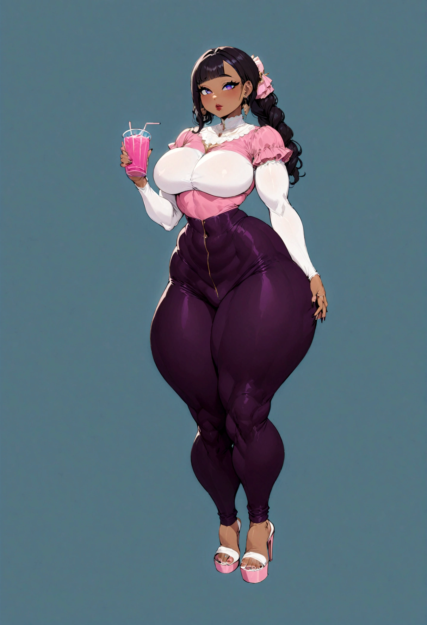 Regular woman wearing a pink shirt and purple pants and holding a pink drink, Digital display inspired by Esaias Bourse, Instagram, Renaissance, thick, thicc, Nicki Minaj is curvy, Volume addition, Volume addition woman, skinny waist and thick hips, beautiful thick female, graceful, thick thigs, thick thighs, thick body, Tight outfit