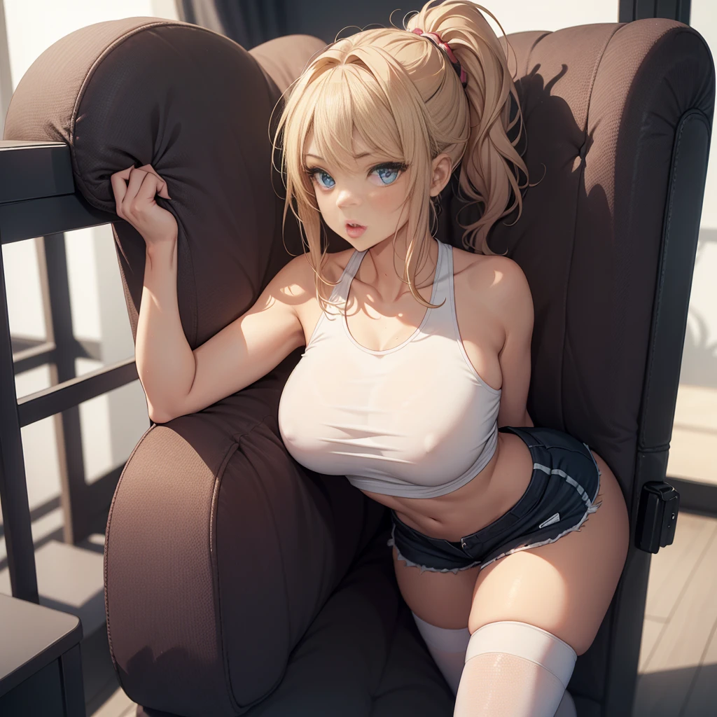 solo girl alone, hair in a pony tail, blonde hair, blue eyes, , Hair Flower, , , Big eyes, tank top, shorts, white thigh-highs, embarrassed, b1mb0, detailed skin skin blemish in the gym