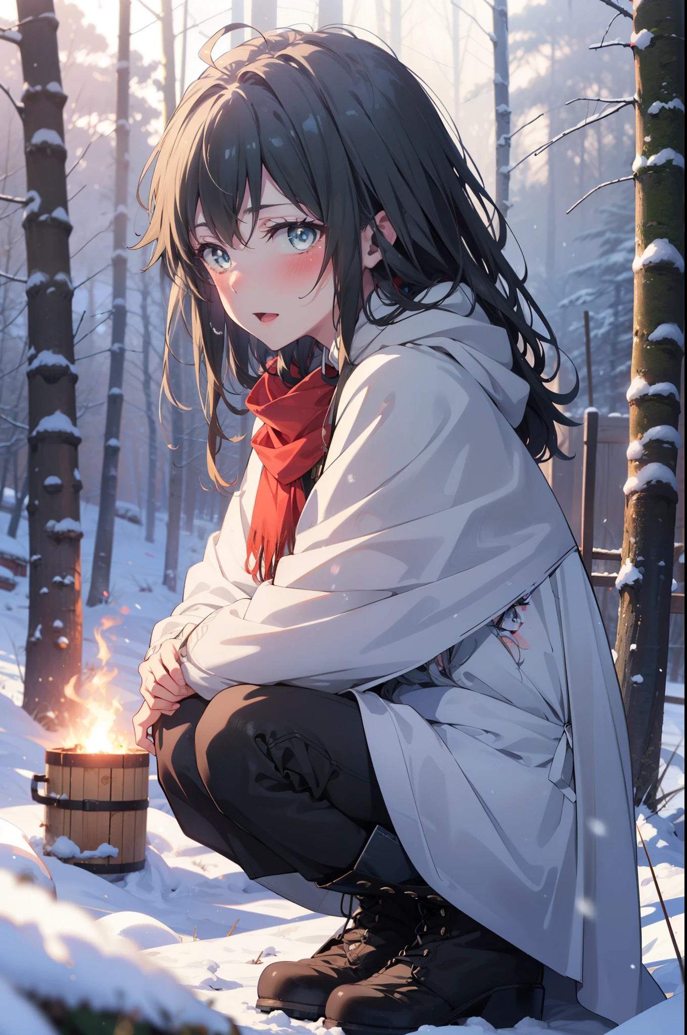yukinoyukinoshita, yukino yukinoshita, Black Hair, blue eyes, Long Hair, Ahoge,smile,blush,White Breath,
Open your mouth,snow,Ground bonfire, Outdoor, boots, snowing, From the side, wood, suitcase, Cape, Blurred, forest, White handbag, nature, Squat, Mouth closed, フードed Cape, winter, Written boundary depth, Black shoes, red Cape break looking at viewer, Upper Body, whole body, break Outdoor, forest, nature, break (masterpiece:1.2), highest quality, High resolution, unity 8k wallpaper, (shape:0.8), (Beautiful and beautiful eyes:1.6), Highly detailed face, Perfect lighting, Highly detailed CG, (Perfect hands, Perfect Anatomy),