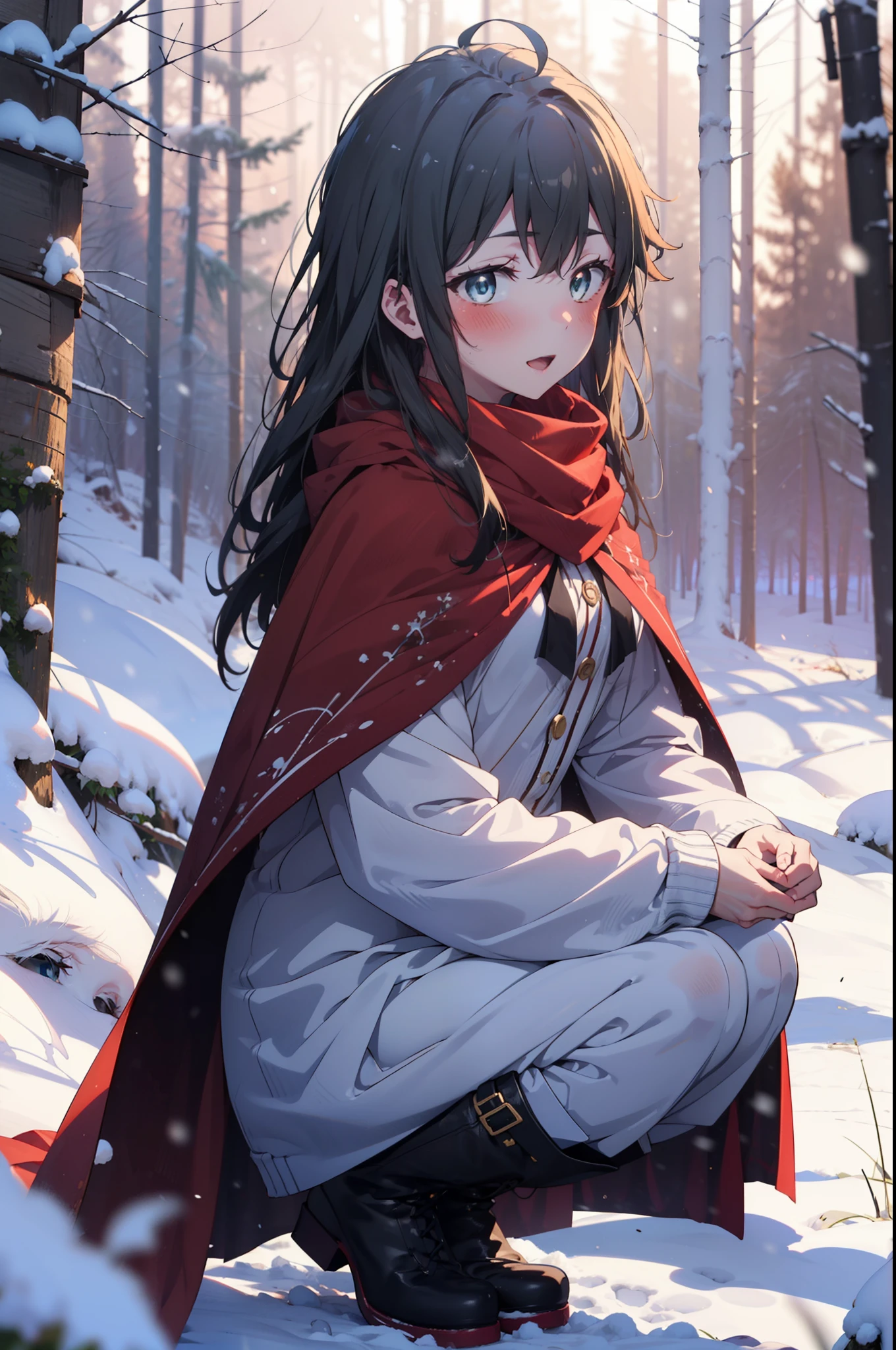 yukinoyukinoshita, yukino yukinoshita, Black Hair, blue eyes, Long Hair, Ahoge,smile,blush,White Breath,
Open your mouth,snow,Ground bonfire, Outdoor, boots, snowing, From the side, wood, suitcase, Cape, Blurred, forest, White handbag, nature,  Squat, Mouth closed, フードed Cape, winter, Written boundary depth, Black shoes, red Cape break looking at viewer, Upper Body, whole body, break Outdoor, forest, nature, break (masterpiece:1.2), highest quality, High resolution, unity 8k wallpaper, (shape:0.8), (Beautiful and beautiful eyes:1.6), Highly detailed face, Perfect lighting, Highly detailed CG, (Perfect hands, Perfect Anatomy),