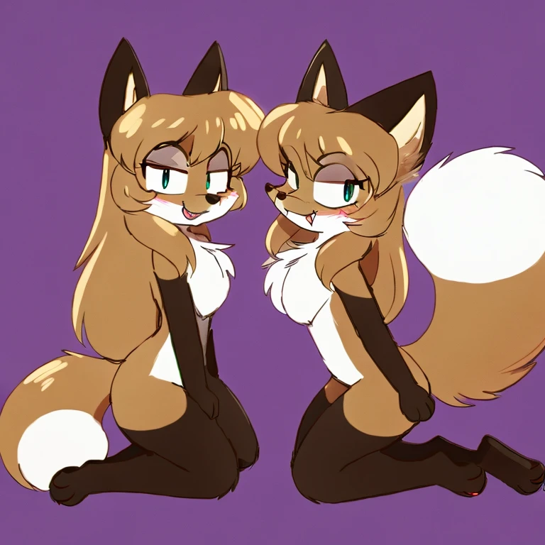 uploaded the e621, beautiful and detailed, woman (((female))) ((anthro)) Fox, (Averi, Fox girl), cinematic lighting, Fox, (anthro, fluffy fur), anthro fox girl, body fur, curvy, sexy, nice, cute, hot, comfortable anime-style cartoon-style, digital drawing, SFW, flat chest, nervous smiling, sassy, sassy hips, smug, fangs, simple background, speech bubble, green eyes, side view, looking at viewer, 2 girls, on knees