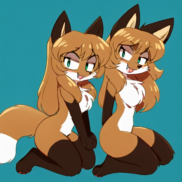 uploaded the e621, beautiful and detailed, woman (((female))) ((anthro)) Fox, (Averi, Fox girl), cinematic lighting, Fox, (anthro, fluffy fur), anthro fox girl, body fur, curvy, sexy, nice, cute, hot, comfortable anime-style cartoon-style, digital drawing, SFW, flat chest, nervous smiling, sassy, sassy hips, smug, fangs, simple background, speech bubble, green eyes, side view, looking at viewer, 2 girls, on knees