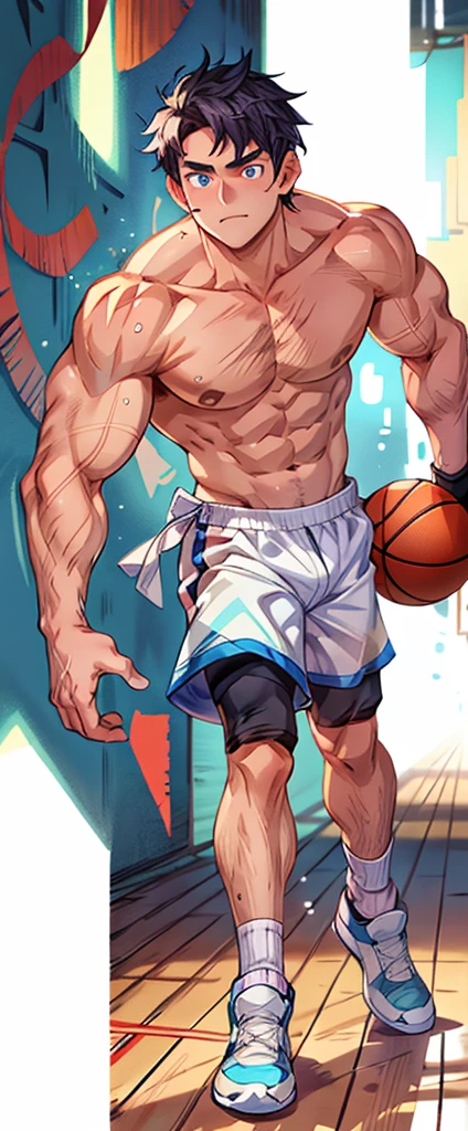 (masterpiece,best quality,H),1 person,nude男孩,Very shy,My face turned red,Shy,muscular,Delicateeyes,nude,(nude),blue eyes,Shirtless,Full body,Blue purple short hair,(fluorescent lamp),(a color),((Blue Background)),Basketball shorts,White socks,